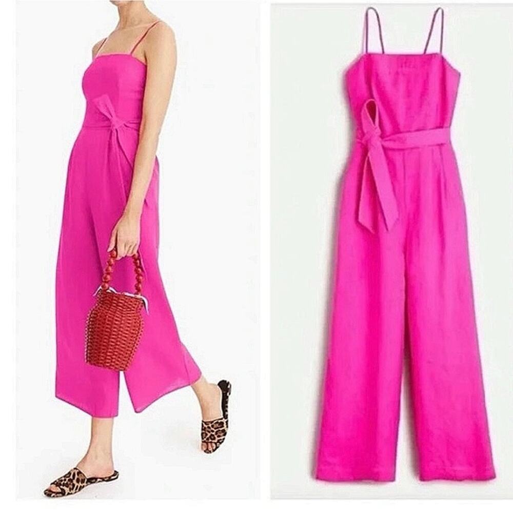 J.crew Pink 100% Linen Spaghetti Strap Tie Belt Wide Leg Jumpsuit Romper Size 2